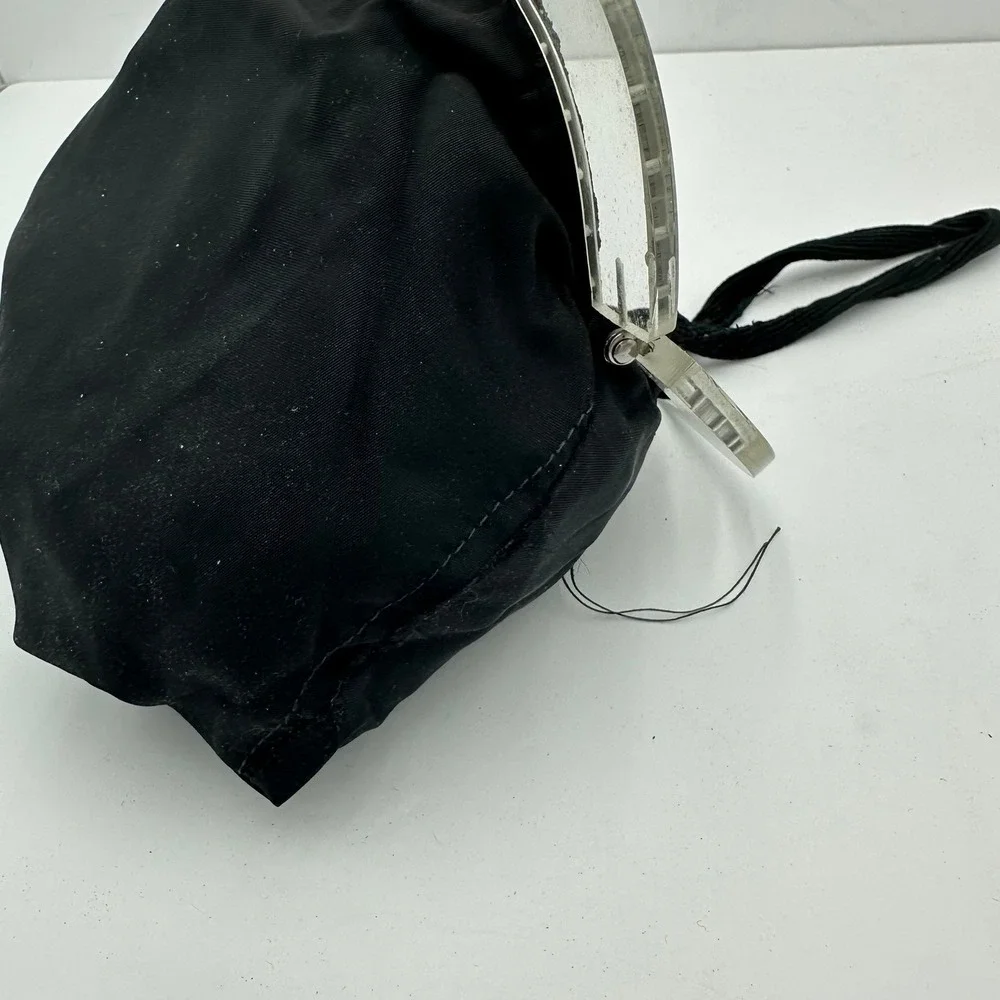 Vintage Black Corde Wristlet Handbag Clear Lucite Frame Triangle Stitch 50s MCM